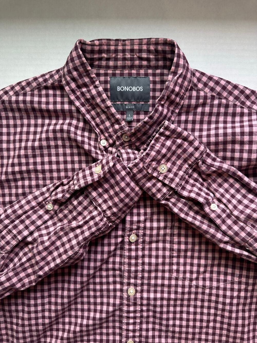 Bonobos Slim Fit Long Sleeve Button-Down Gingham Shirt, Pink/Burgundy - Size L